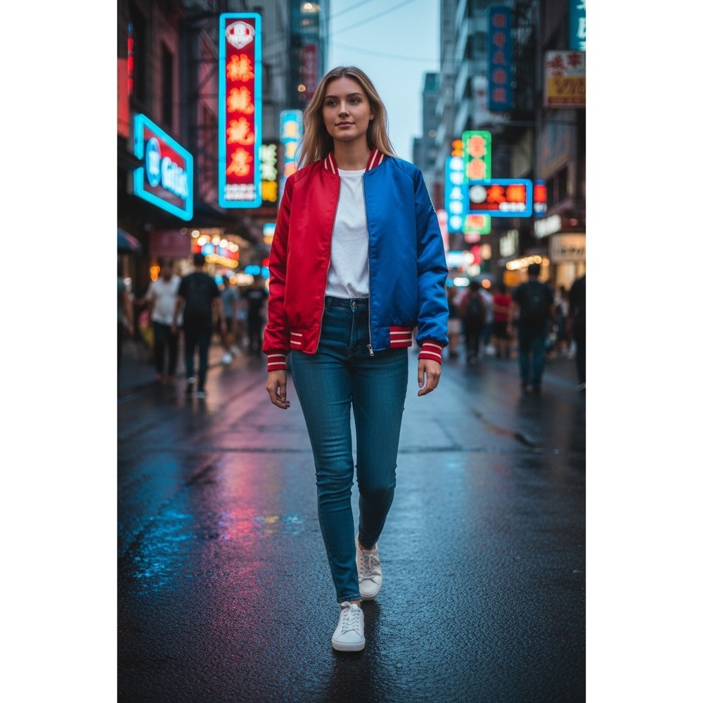 Suicide Squad Harley Quinn Red Blue Colorblock Satin Bomber Jacket Small DC S22